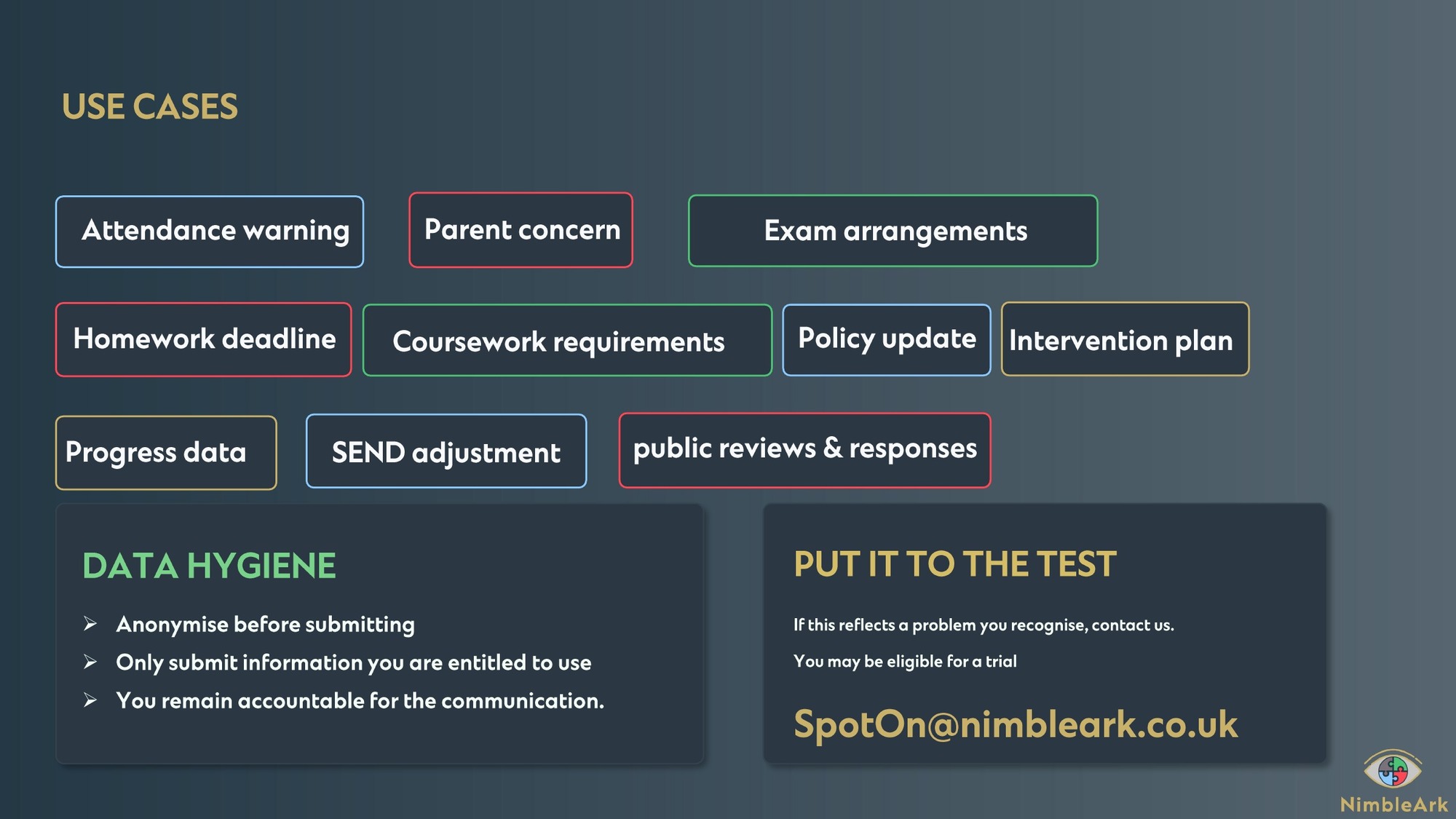 NimbleArk for education campaign, section 9 of 9: Education Use Cases