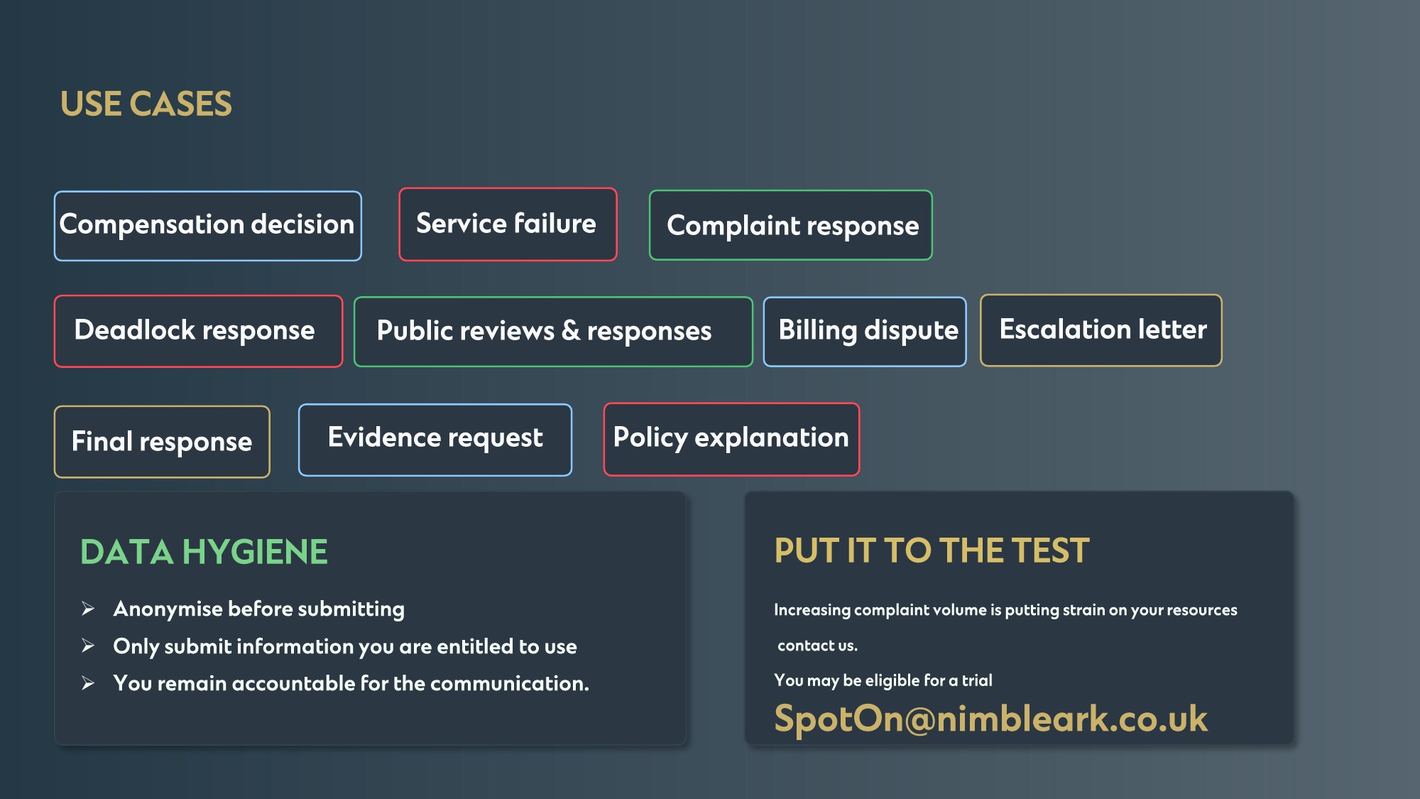 NimbleArk for complaints campaign, section 11 of 11: Use Cases